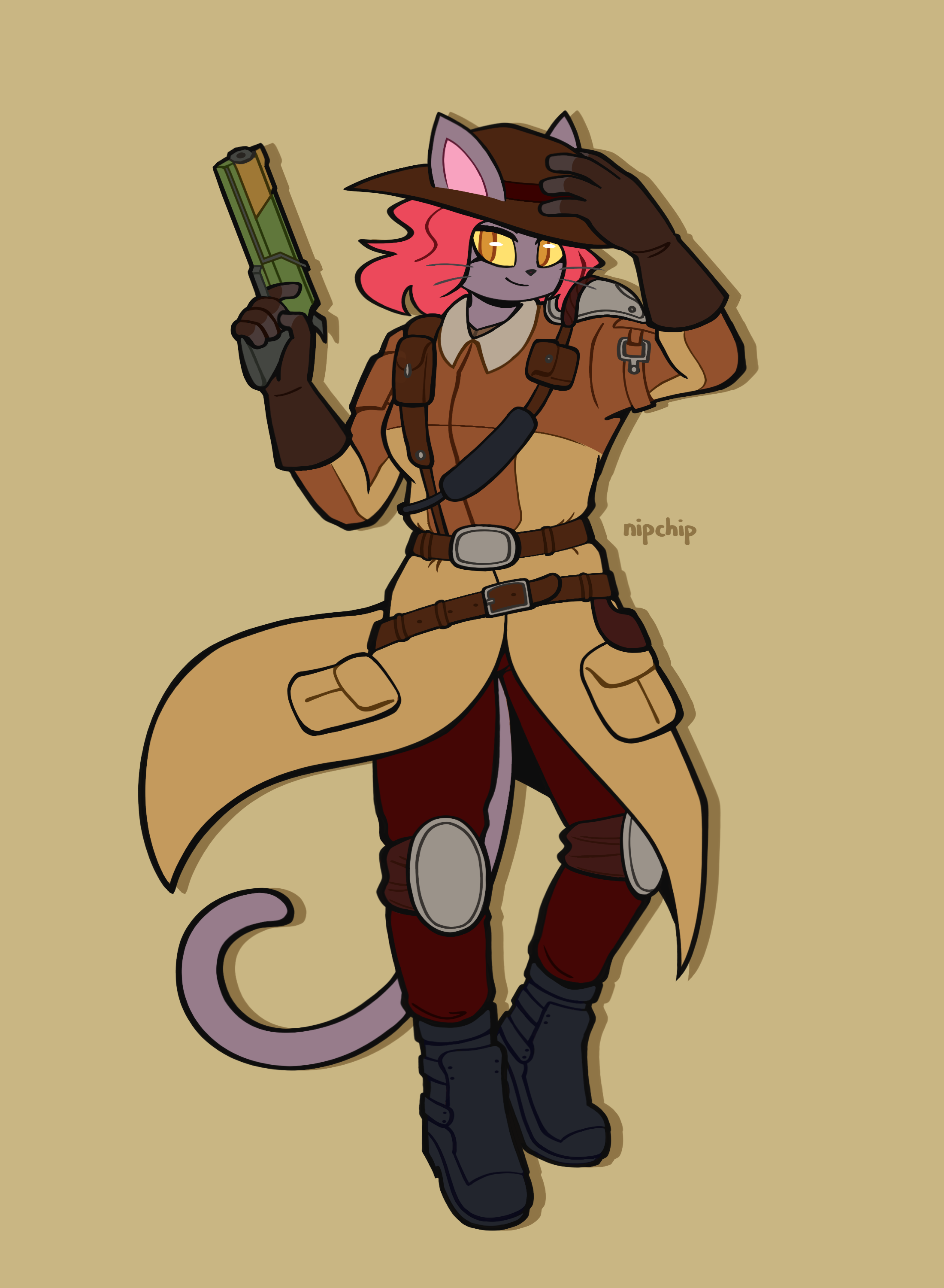 Full body of Amber, a light purple furred cat with red-pink hair wearing a wide brim hat, a coat with many belts and pouches, reddish brown pants and dark grey boots. Light metal armour plates protect her left shoulder and knees have. In her right hand is a Tom Tom style revolver. Her left hand is holding her hat.